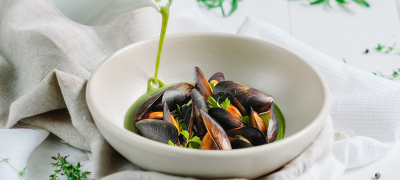 Cozze con crema di piselli