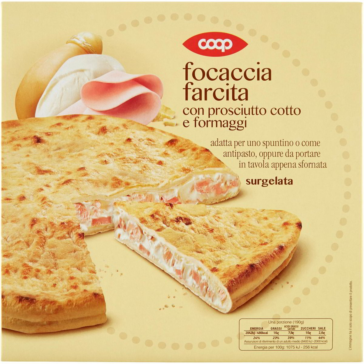 Focaccia surgelata prosciutto cotto/grana/provolon COOP 380 G Coop Shop