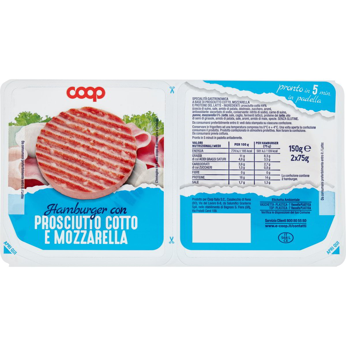 Hamburger con prosciutto cotto e mozzarella COOP 2 X 75 G Coop Shop